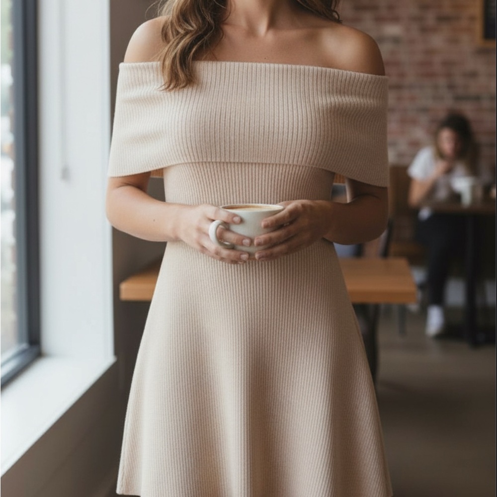 Windsor Off-Shoulder Sweater Knit Dress • Beige • Skater Fit • NWT